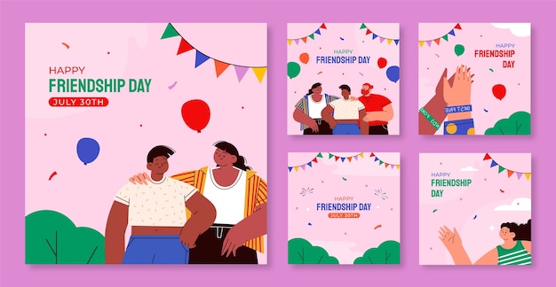 Gratis vector platte instagram posts-collectie voor de viering van de internationale vriendschapsdag