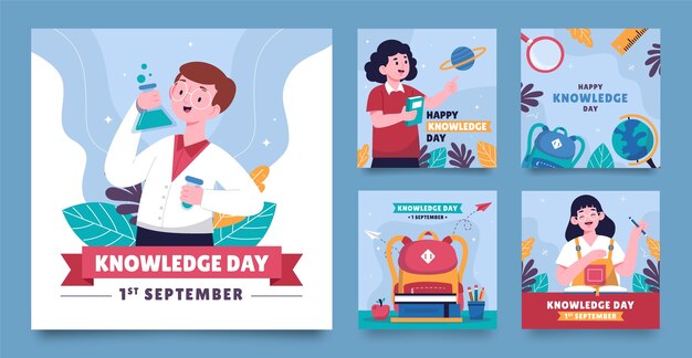 Gratis vector platte instagram posts-collectie voor de viering van de kennisdag