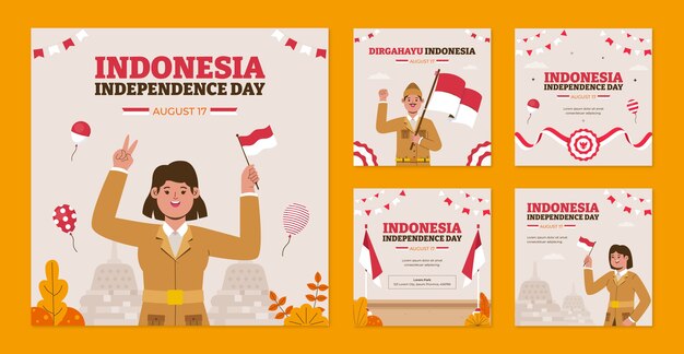 Gratis vector platte instagram posts-collectie voor de viering van de onafhankelijkheidsdag van indonesië