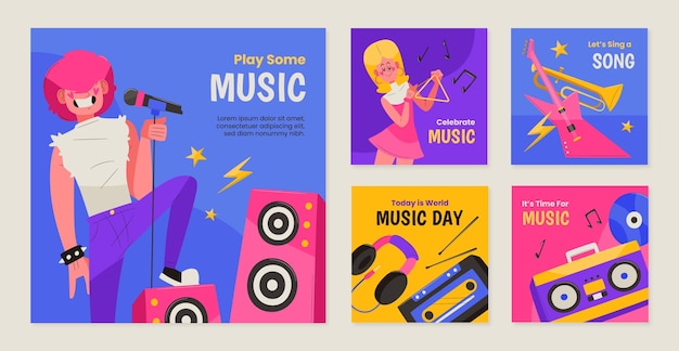 Gratis vector platte instagram posts-collectie voor de viering van de wereldmuziekdag