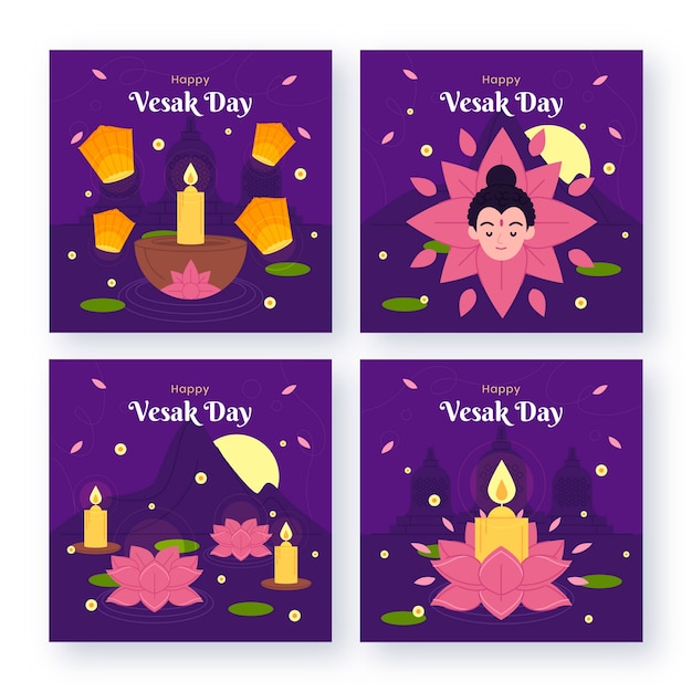 Gratis vector platte instagram posts-collectie voor de viering van het vesak-dagfestival