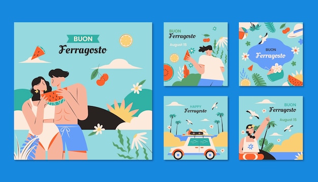 Platte instagram posts-collectie voor italiaanse ferragosto-zomerviering