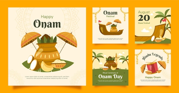 Gratis vector platte instagram posts-collectie voor onam-viering