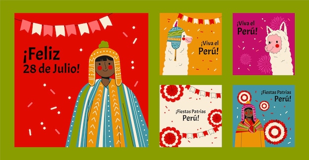 Gratis vector platte instagram posts-collectie voor peruaanse fiestas patrias-vieringen