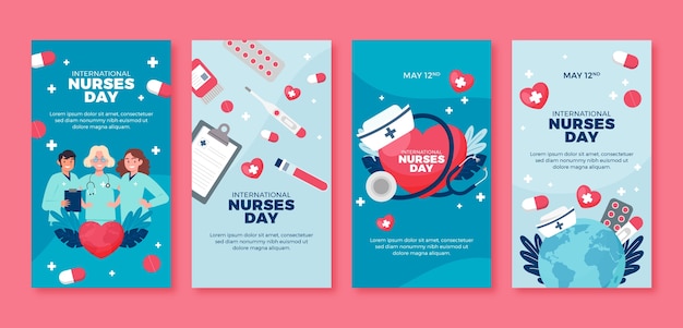 Gratis vector platte instagram-verhalencollectie voor de viering van de internationale verpleegstersdag