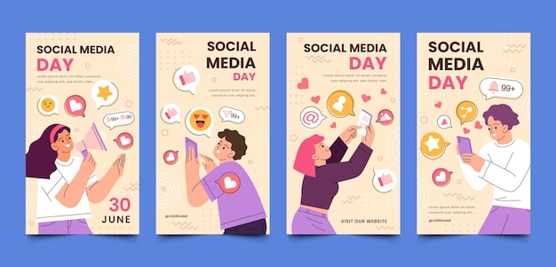 Gratis vector platte instagram-verhalencollectie voor de viering van de sociale media-dag