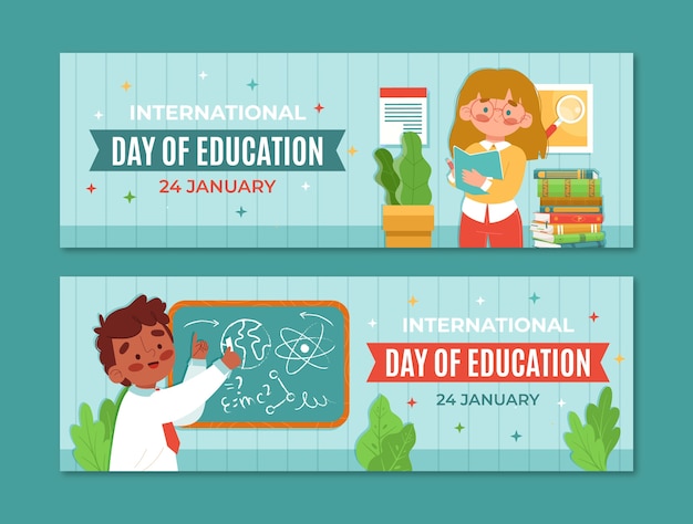 Gratis vector platte internationale dag van onderwijs horizontale banners set