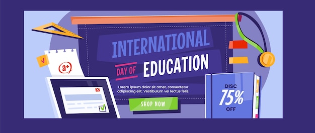 Gratis vector platte internationale dag van onderwijs horizontale bannersjabloon