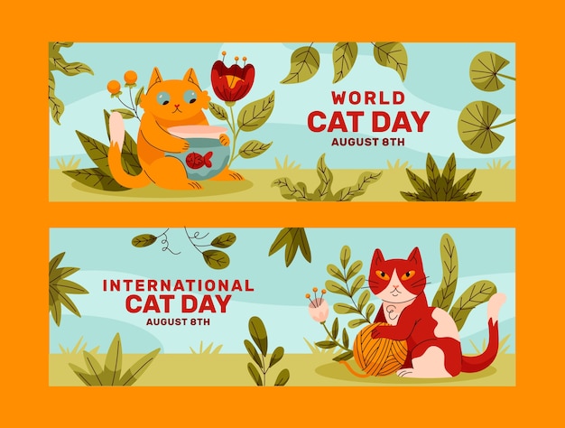 Gratis vector platte internationale kattendag horizontale banners met katten en bladeren