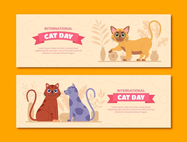 Gratis vector platte internationale kattendag horizontale banners met katten