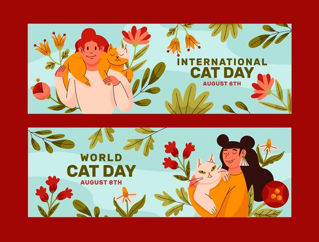 Platte internationale kattendag horizontale banners met kattenbezitters en bloemen