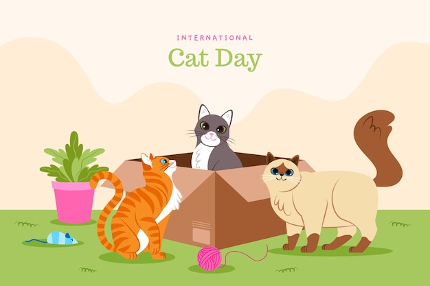 Gratis vector platte internationale kattendagachtergrond met katten en doos