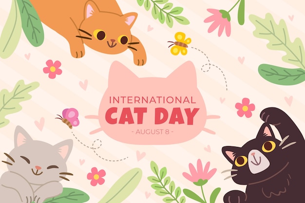 Gratis vector platte internationale kattendagachtergrond met katten en vegetatie