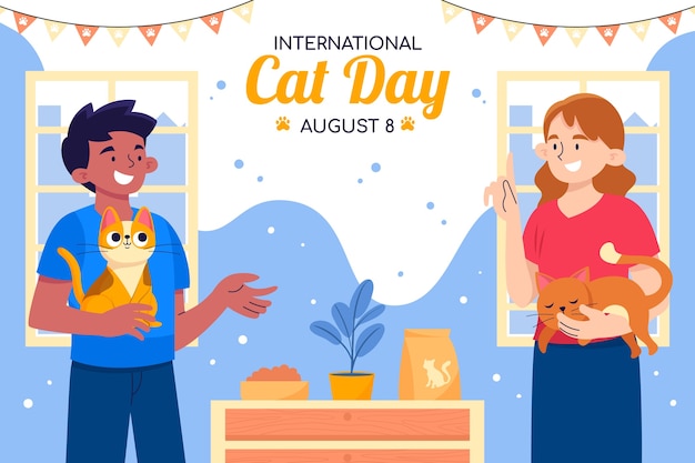 Platte internationale kattendagachtergrond met katteneigenaren