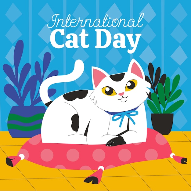 Platte internationale kattendagillustratie met kat in bed