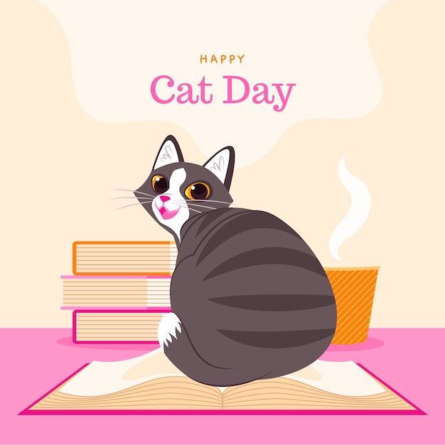 Gratis vector platte internationale kattendagillustratie met kat op boek