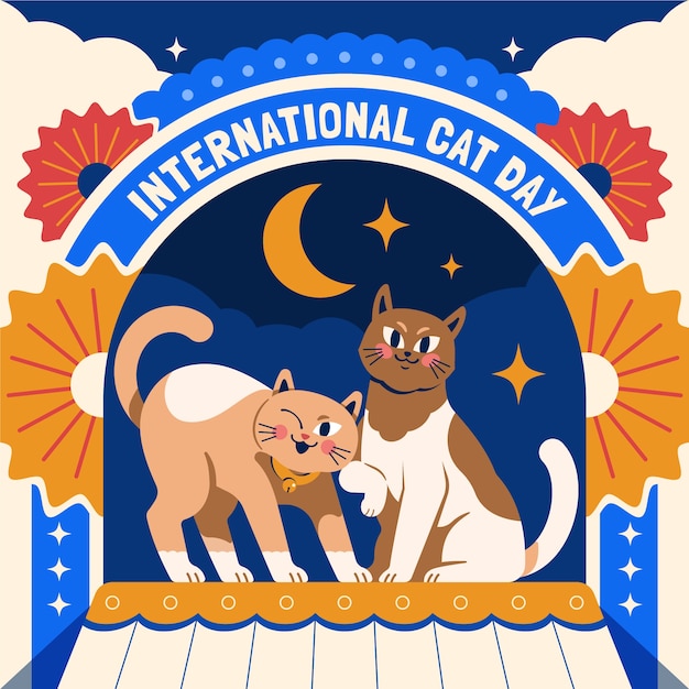 Gratis vector platte internationale kattendagillustratie met katten op het podium