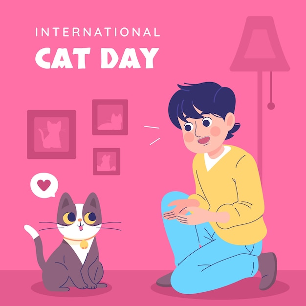 Platte internationale kattendagillustratie met man en kat