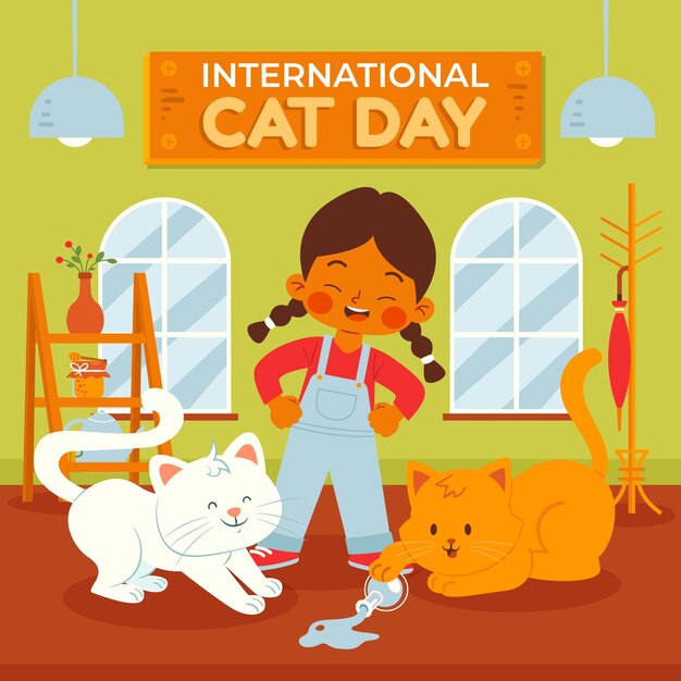 Platte internationale kattendagillustratie met meisje en katten
