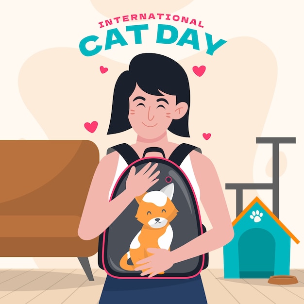 Gratis vector platte internationale kattendagillustratie met vrouw met kat in rugzak