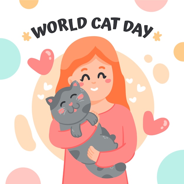 Platte internationale kattendagillustratie met vrouw met kat