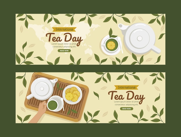 Gratis vector platte internationale theedag horizontale banners pack