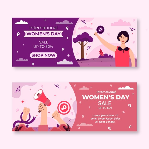 Platte internationale vrouwendag verkoop horizontale banners set