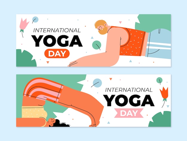 Gratis vector platte internationale yoga dag horizontale banners set