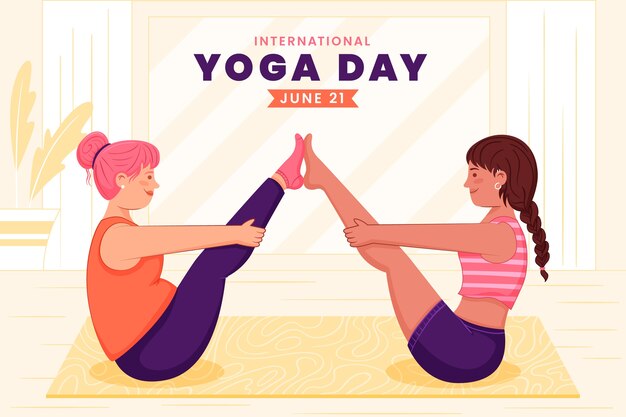 Platte internationale yogadagachtergrond met mensen die yoga doen