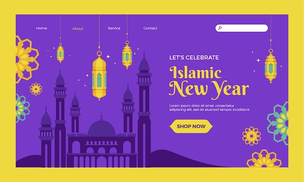 Platte islamitische nieuwjaarssjabloon voor bestemmingspagina's voor sociale media met lantaarns en paleis