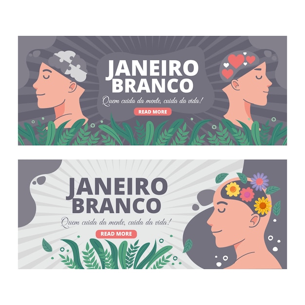 Gratis vector platte janeiro branco horizontale banners set