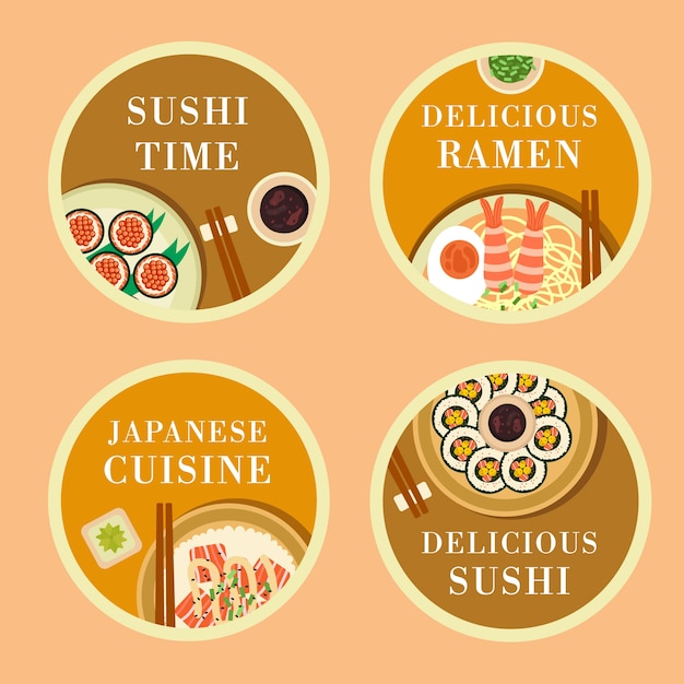Gratis vector platte japanse restaurantlabels collectie