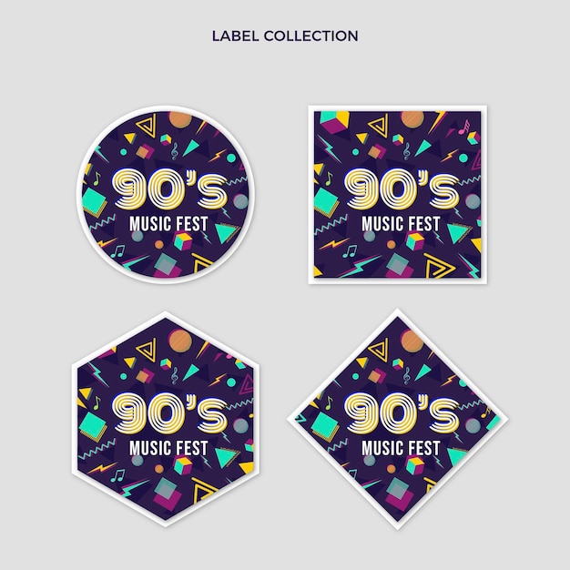 Gratis vector platte jaren 90 nostalgische muziekfestivallabelscollectie