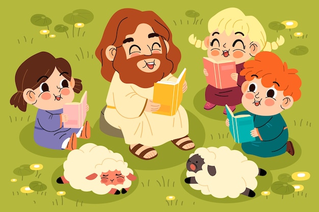 Platte jezus met kinderen illustratie