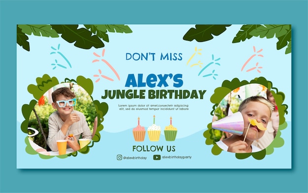 Gratis vector platte jungle verjaardagsfeestje social media postsjabloon