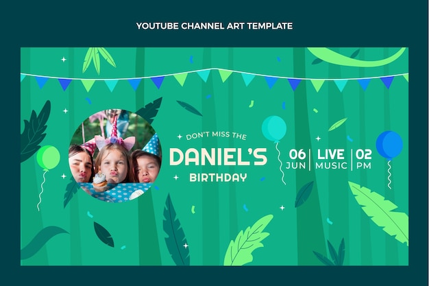 Gratis vector platte jungle verjaardagsfeestje youtube channel art