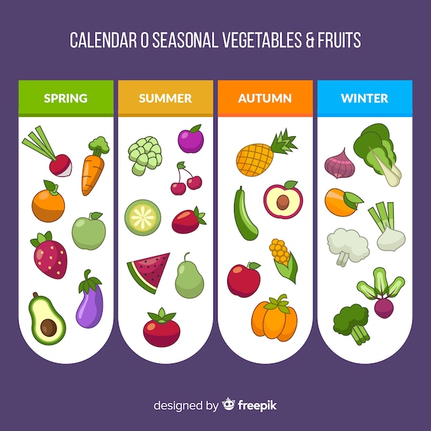 Gratis vector platte kalender van seizoensgebonden groenten en fruit