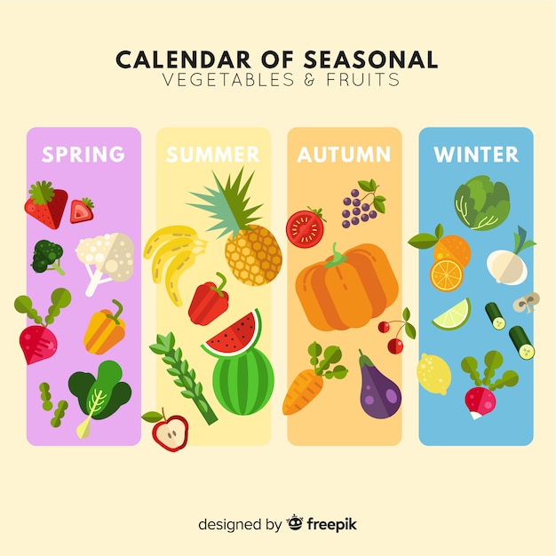 Gratis vector platte kalender van seizoensgebonden groenten en fruit