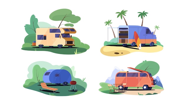 Gratis vector platte kampeerwagens vintage campers