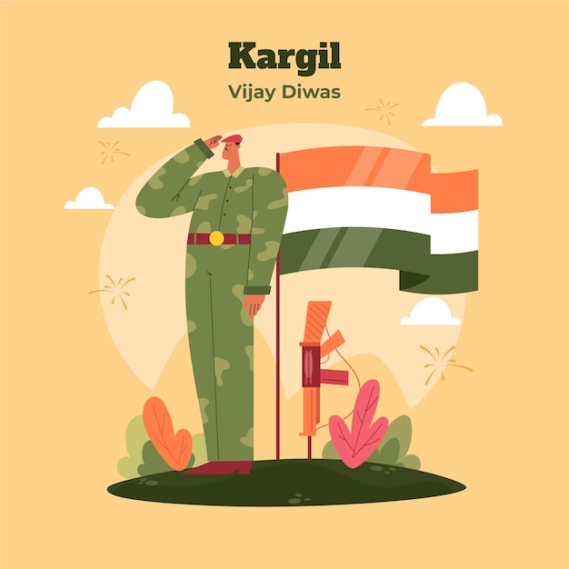 Platte kargil vijay diwas illustratie met soldaat groeten