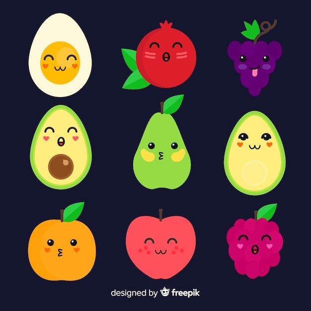 Gratis vector platte kawaii fruitcollectie