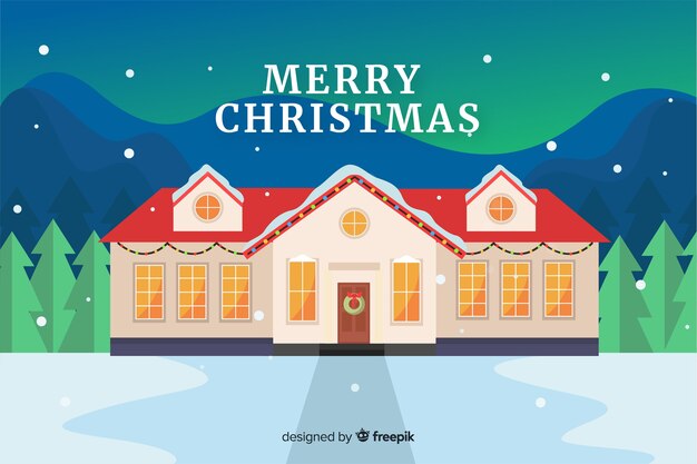 Platte Kerst achtergrond met huis ingericht voor Kerstmis