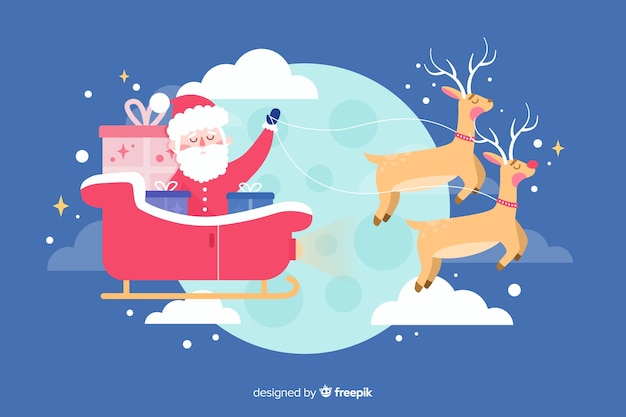 Gratis vector platte kerst achtergrond met santa en herten