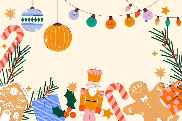 Platte Kerst achtergrond met verlichting en ornamenten