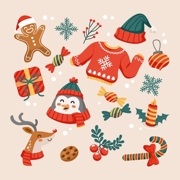 Gratis vector platte kerst elementen collectie