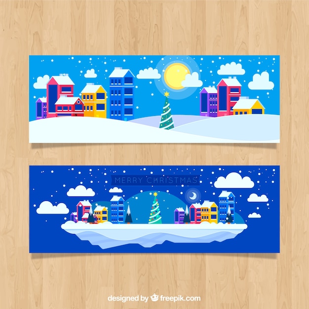 Gratis vector platte kerst kleurrijke stad banner