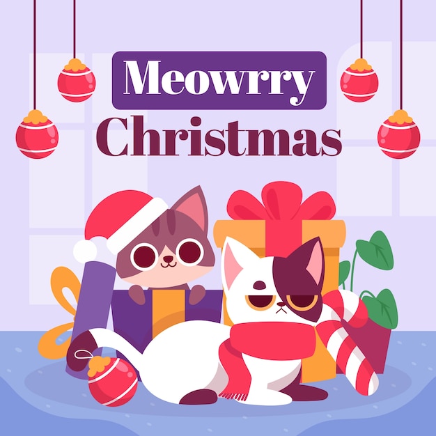 Gratis vector platte kerst seizoen illustratie met cartoon kat