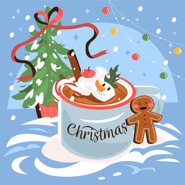 Platte kerst warme chocolademelk illustratie