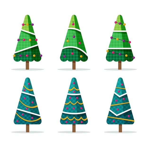 Gratis vector platte kerstbomen met ornamenten set