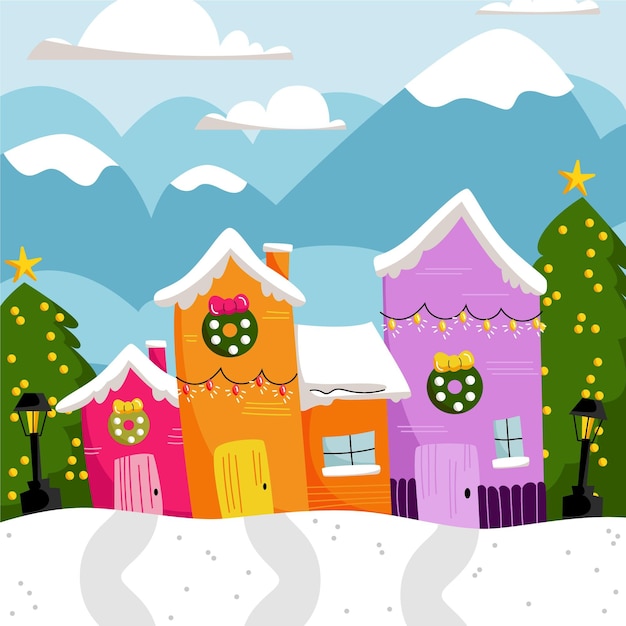 Gratis vector platte kerstdorp illustratie